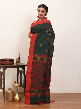 Bottle Green And Red Bengal Handloom Khadi Cotton Saree With Geometric Weaves