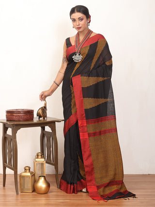 Black And Red Bengal Handloom Khadi Cotton Saree With Mustard Yellow Woven Temples