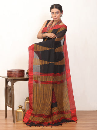 Black And Red Bengal Handloom Khadi Cotton Saree With Mustard Yellow Woven Temples