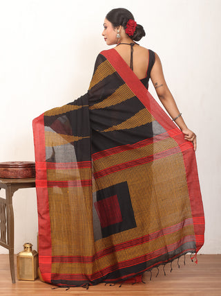 Black And Red Bengal Handloom Khadi Cotton Saree With Mustard Yellow Woven Temples