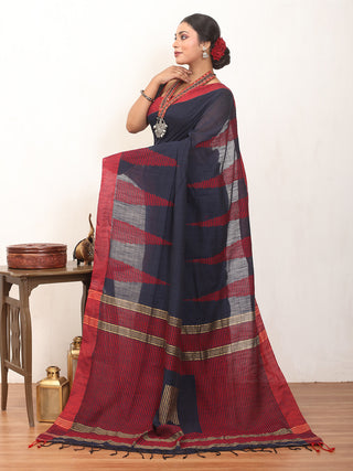 Navy Blue And Red Bengal Handloom Khadi Cotton Saree With Red Woven Temples