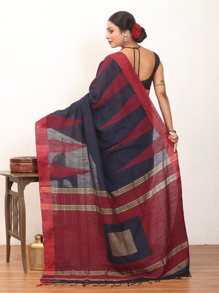 Navy Blue And Red Bengal Handloom Khadi Cotton Saree With Red Woven Temples