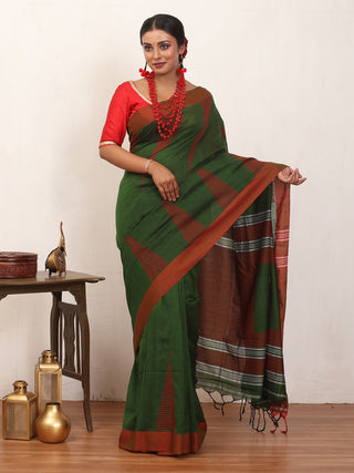 Forest Green And Red Bengal Handloom Khadi Cotton Saree With Red Woven Temples
