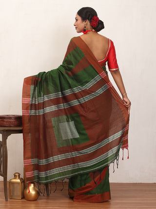 Forest Green And Red Bengal Handloom Khadi Cotton Saree With Red Woven Temples