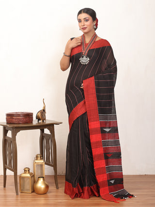 Black And Red Bengal Handloom Cotton Saree With Striped Body And Geometric Weaves On Pallu