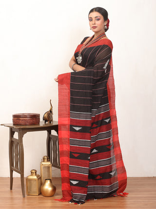 Black And Red Bengal Handloom Cotton Saree With Striped Body And Geometric Weaves On Pallu