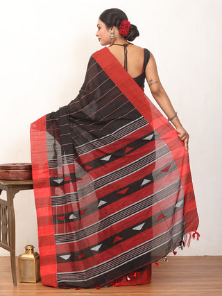 Black And Red Bengal Handloom Cotton Saree With Striped Body And Geometric Weaves On Pallu