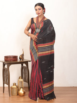 Black Handwoven Bengal Khadi Cotton Saree With Multicoloured Striped Body And Blouse