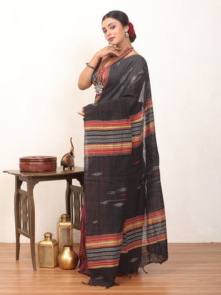 Black Handwoven Bengal Khadi Cotton Saree With Multicoloured Striped Body And Blouse