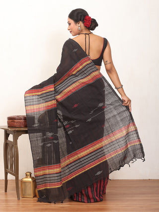 Black Handwoven Bengal Khadi Cotton Saree With Multicoloured Striped Body And Blouse