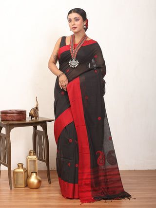 Black And Red Fulia Tangail Saree With Red Paisleys And Floral Butas And Running Blouse