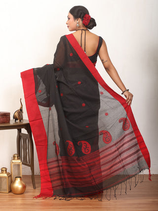 Black And Red Fulia Tangail Saree With Red Paisleys And Floral Butas And Running Blouse
