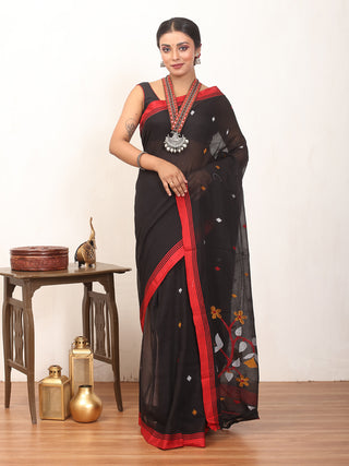Black And Red Fulia Handloom Mul Cotton Saree With Multicolour Jamdani Butis