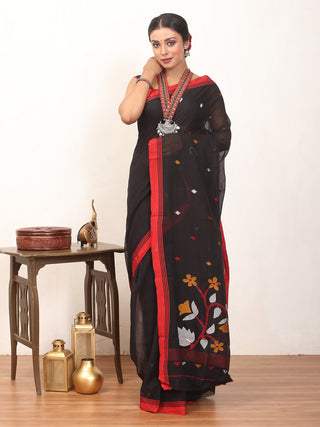 Black And Red Fulia Handloom Mul Cotton Saree With Multicolour Jamdani Butis