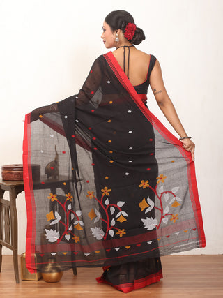 Black And Red Fulia Handloom Mul Cotton Saree With Multicolour Jamdani Butis