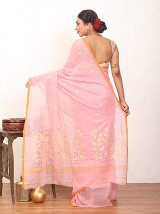 Baby Pink Fulia Handloom Mul Cotton Saree With Orange Piping Border And Beige Jamdani Butis