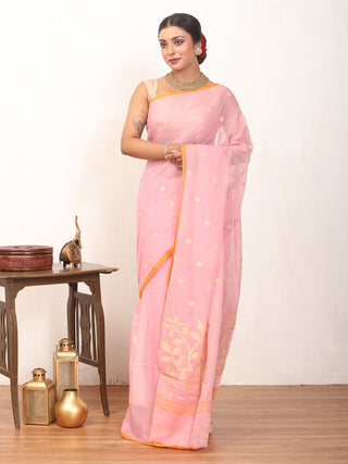 Baby Pink Fulia Handloom Mul Cotton Saree With Orange Piping Border And Beige Jamdani Butis