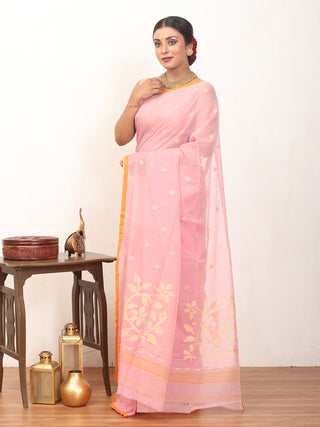 Baby Pink Fulia Handloom Mul Cotton Saree With Orange Piping Border And Beige Jamdani Butis