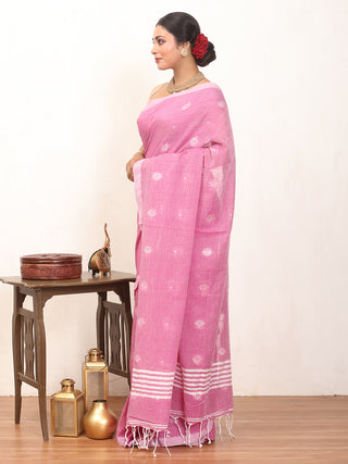 Pink Fulia Handloom Cotton Saree With White Butis On The Body And Pallu