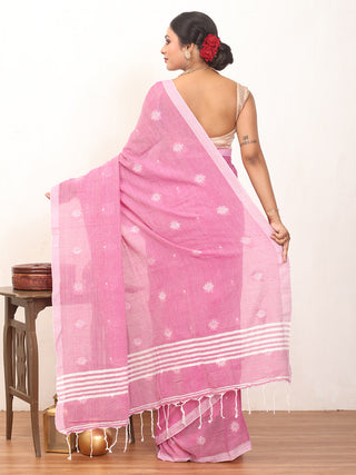 Pink Fulia Handloom Cotton Saree With White Butis On The Body And Pallu
