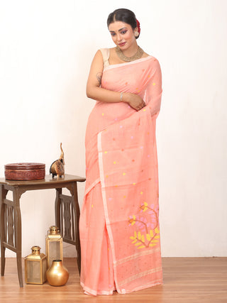 Peach Fulia Handloom Mul Cotton Saree With Light Peach Piping Border And Jamdani Butis