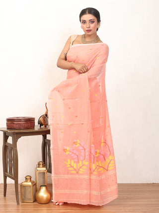 Peach Fulia Handloom Mul Cotton Saree With Light Peach Piping Border And Jamdani Butis