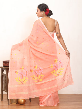 Peach Fulia Handloom Mul Cotton Saree With Light Peach Piping Border And Jamdani Butis