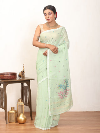 Light Pista Green Fulia Handloom Mul Cotton Saree With Piping Border And Jamdani Butis