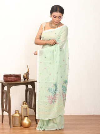 Light Pista Green Fulia Handloom Mul Cotton Saree With Piping Border And Jamdani Butis
