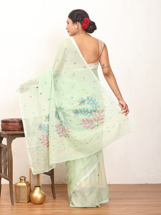 Light Pista Green Fulia Handloom Mul Cotton Saree With Piping Border And Jamdani Butis