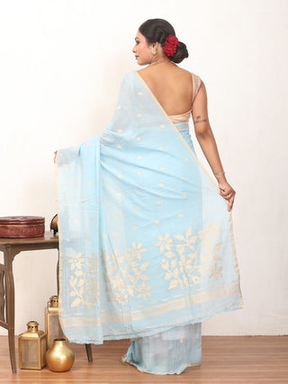 Sky Blue Fulia Handloom Mul Cotton Saree With Sandal Piping Border And Jamdani Butis