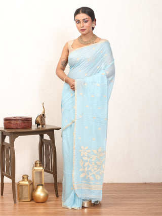 Sky Blue Fulia Handloom Mul Cotton Saree With Sandal Piping Border And Jamdani Butis