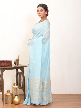 Sky Blue Fulia Handloom Mul Cotton Saree With Sandal Piping Border And Jamdani Butis