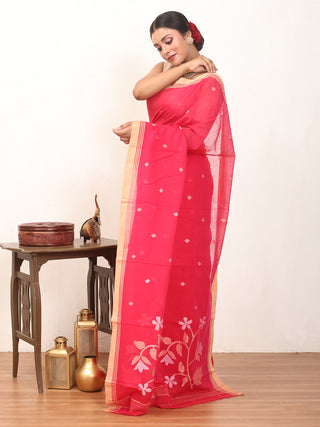 Tomato Red Fulia Handloom Mul Cotton Saree With Sandal Piping Border And White Jamdani Butis