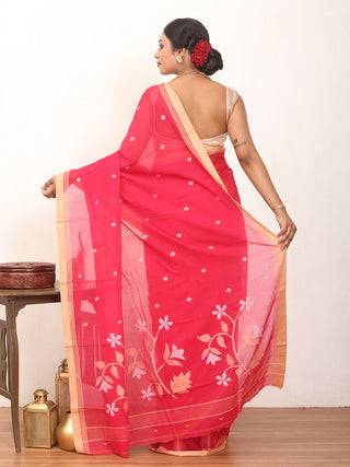 Tomato Red Fulia Handloom Mul Cotton Saree With Sandal Piping Border And White Jamdani Butis