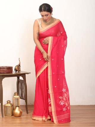 Tomato Red Fulia Handloom Mul Cotton Saree With Sandal Piping Border And White Jamdani Butis