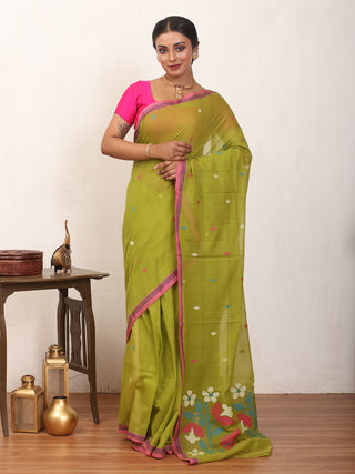 Olive Green Fulia Handloom Mul Cotton Saree With Pink Piping Border And Multicolour Jamdani Butis