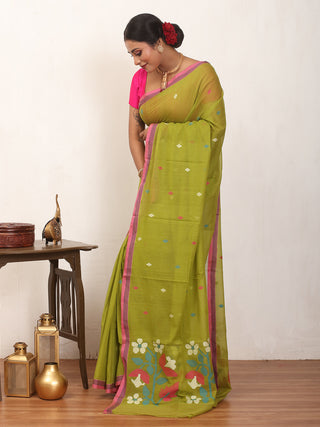 Olive Green Fulia Handloom Mul Cotton Saree With Pink Piping Border And Multicolour Jamdani Butis
