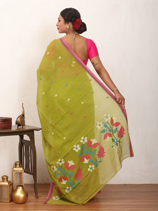 Olive Green Fulia Handloom Mul Cotton Saree With Pink Piping Border And Multicolour Jamdani Butis