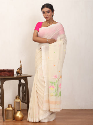 Off White Fulia Handloom Mul Cotton Saree With Multicolour Jamdani Butis
