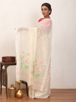 Off White Fulia Handloom Mul Cotton Saree With Multicolour Jamdani Butis
