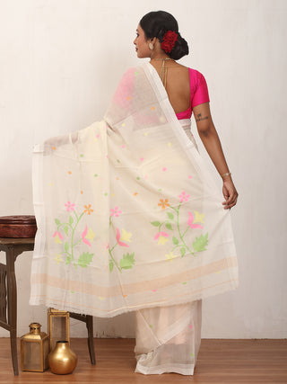 Off White Fulia Handloom Mul Cotton Saree With Multicolour Jamdani Butis