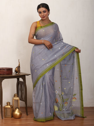 Grey Fulia Handloom Mul Cotton Saree With Olive Green Piping Border And Multicolour Jamdani Butis
