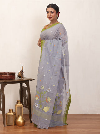 Grey Fulia Handloom Mul Cotton Saree With Olive Green Piping Border And Multicolour Jamdani Butis