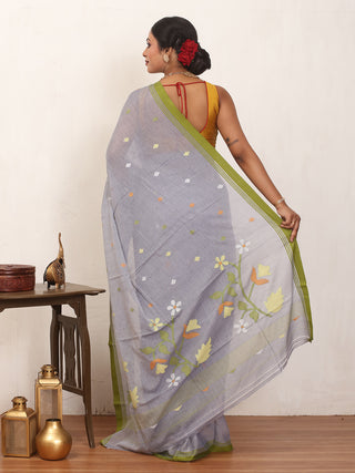 Grey Fulia Handloom Mul Cotton Saree With Olive Green Piping Border And Multicolour Jamdani Butis