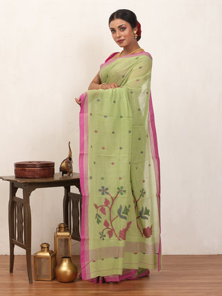 Pista Green Fulia Handloom Mul Cotton Saree With Magenta Piping Border And Multicolour Jamdani Butis