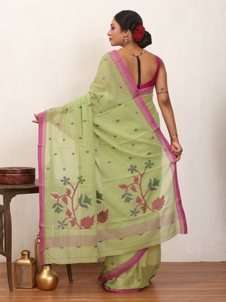 Pista Green Fulia Handloom Mul Cotton Saree With Magenta Piping Border And Multicolour Jamdani Butis