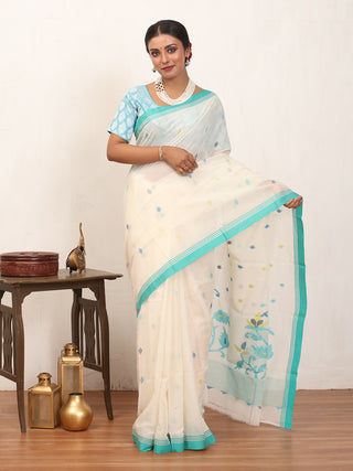 White Fulia Handloom Mul Cotton Saree With Aqua Blue Piping Border And Multicolour Jamdani Butis