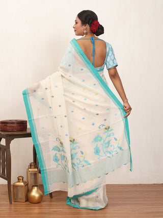 White Fulia Handloom Mul Cotton Saree With Aqua Blue Piping Border And Multicolour Jamdani Butis