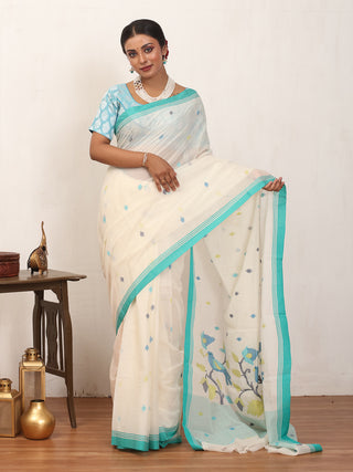 White Fulia Handloom Mul Cotton Saree With Aqua Blue Piping Border And Multicolour Jamdani Butis With Bird Motif On Pallu